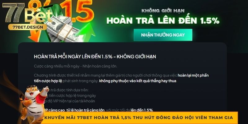 Khuyến mãi 77Bet hoàn trả 1,5% thu hút đông đảo hội viên tham gia 
