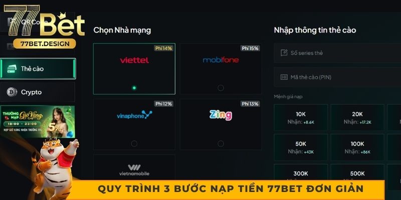 Quy trình 3 bước nạp tiền 77bet đơn giản